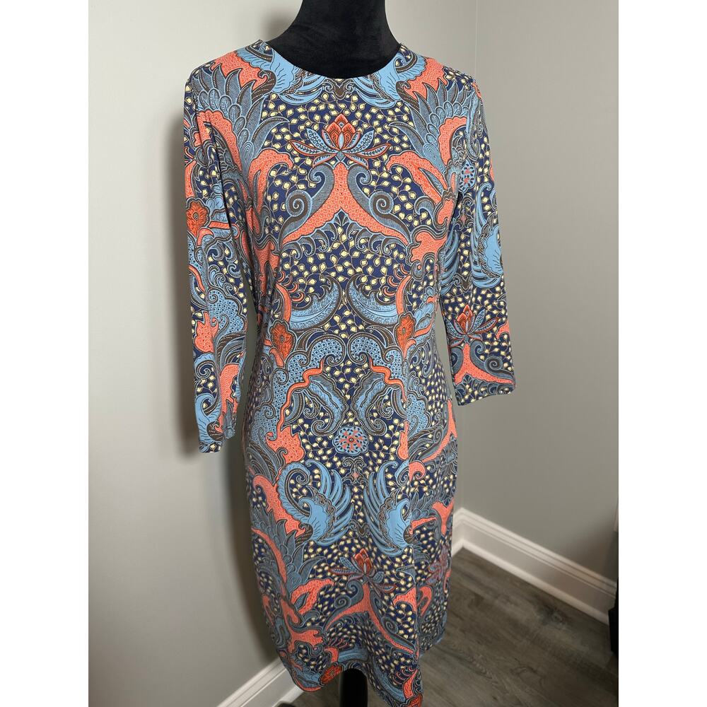 J.McLaughlin Dress Medium Blue Coral Paisley 3/4 Sleeve Sheath Stretch Career